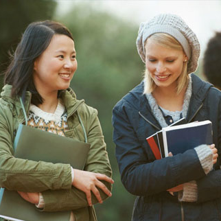 Two women walking and conversing